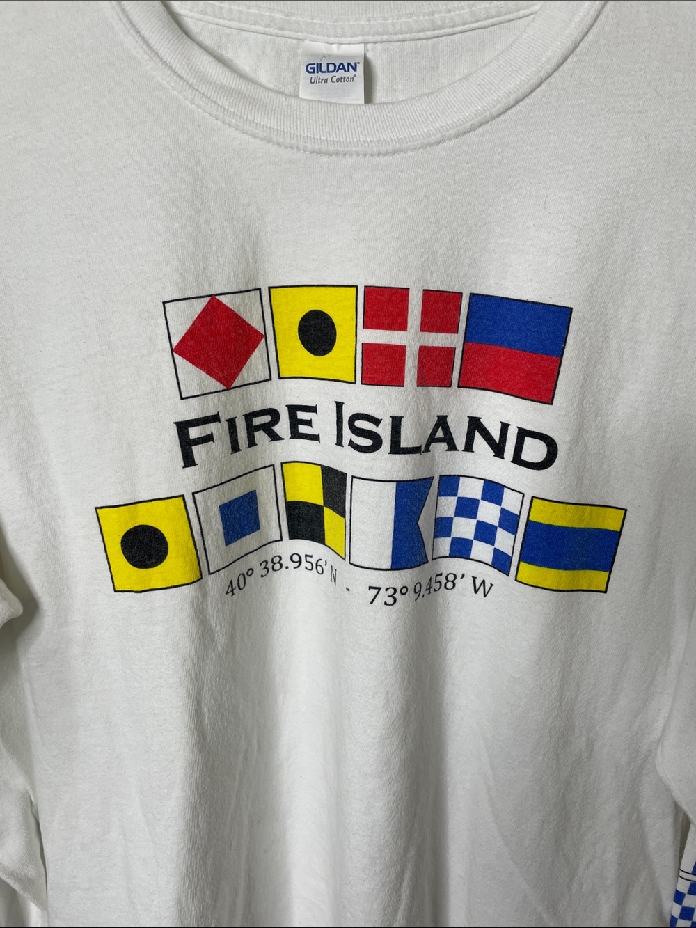 Gildan White Long Sleeve Tee with Yellow, Blue & Red Nautical Flags. Fire Island
